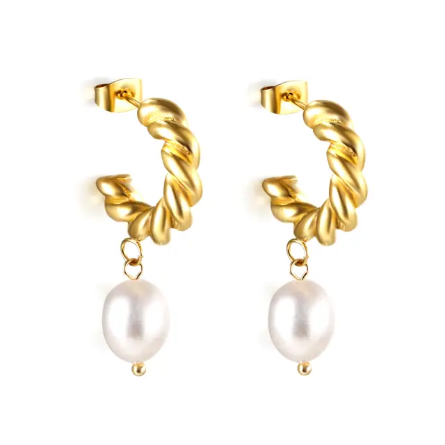 Half Circle 18K Gold Plated Twist Open End Hoop with Freshwater Pearl Earrings
