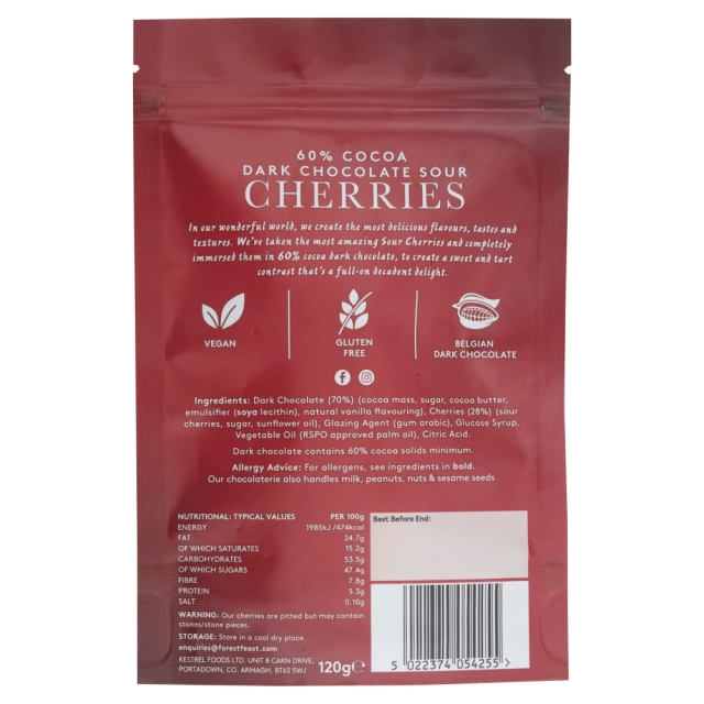 Forest Feast - 60% Cocoa Dark Chocolate Sour Cherries 120g
