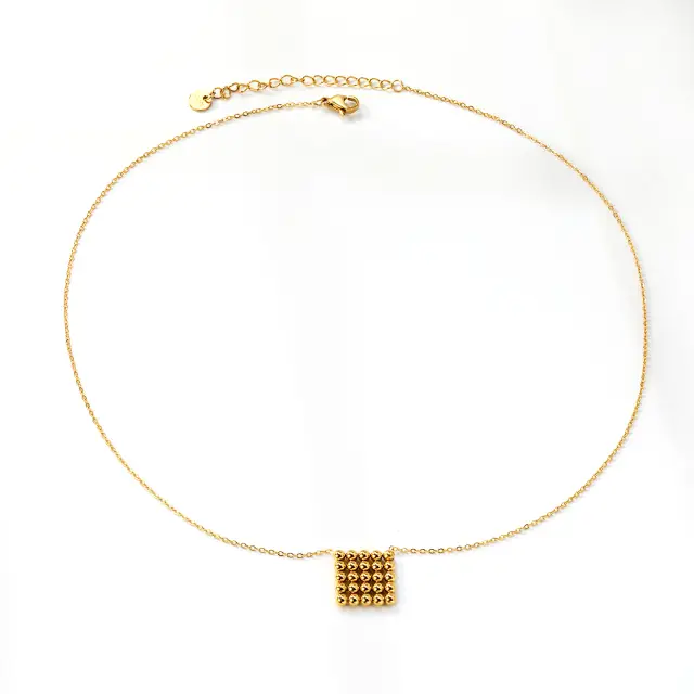 25 Ball Bead Square Pendant 18K Gold Plated Chain 45cm Necklace