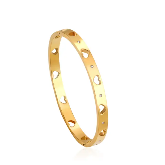 Loveheart Cutout with Diamontes Rigid Bracelet 18K Gold Plated - 58mm Diameter x 5.7mm wide