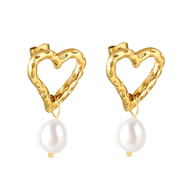 Uneven Loveheart with White Pearl Drop 18K Gold Plated Stud Earrings