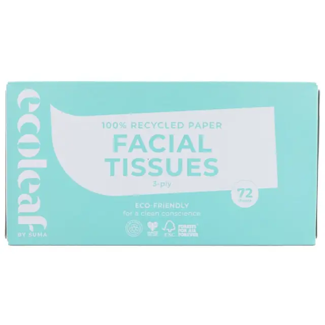 ECOLEAF BY SUMA - Facial Tissue - Recycled Paper - 72 Sheets - Flat Box - 1 BO X