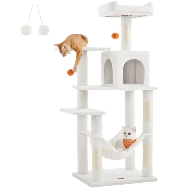 FEANDREA Cat Tree, Multi-Level Plush Cat Condo, 55x45x143cm, Cream White