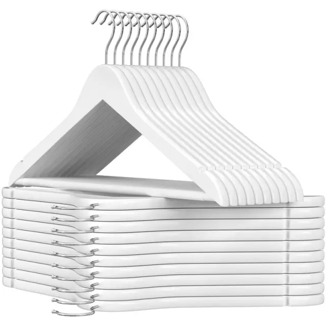 SONGMICS Wooden Hanger, 44.5x23x1.2cm, White and Silver, Set of 20