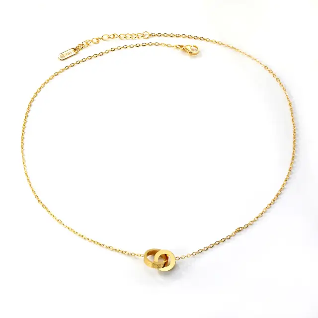 Double Circle White Diamonte and Roman Numeral 18K Gold Plated 44cm Necklace