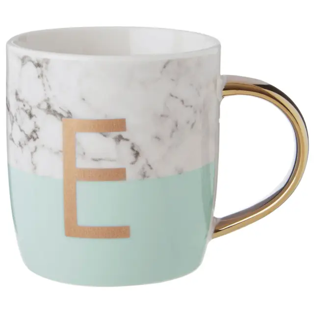 Frosted Deco Marble Effect and Pastel Green Monogram Mug, E