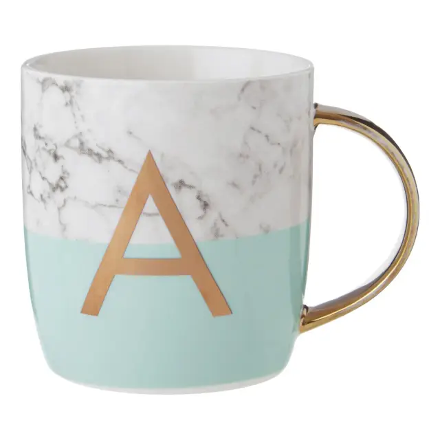 Frosted Deco Marble Effect and Pastel Green Monogram Mug, A