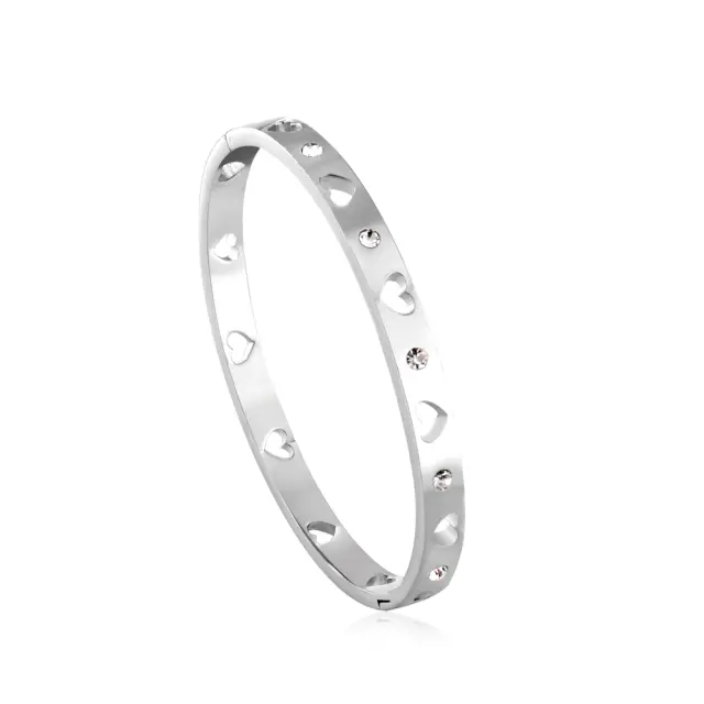 Loveheart Cutout with Diamontes Rigid Bracelet - Stainless Steel - 58mm Diameter x 5.7mm wide