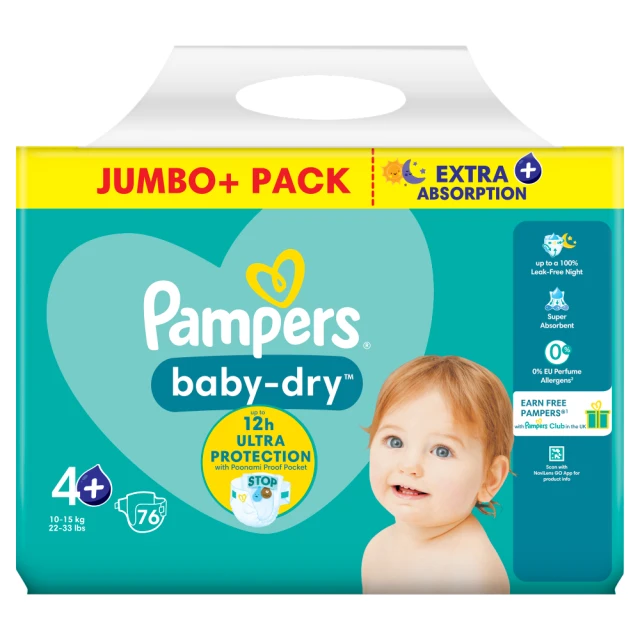 Pampers Baby-Dry 4+ Maxi+ 76 Nappies Jumbo+ Pack