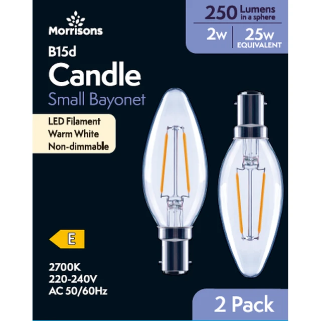 MORRISONS LED FILAMENT CANDLE 250 LUMENS SBC 2W 2PK