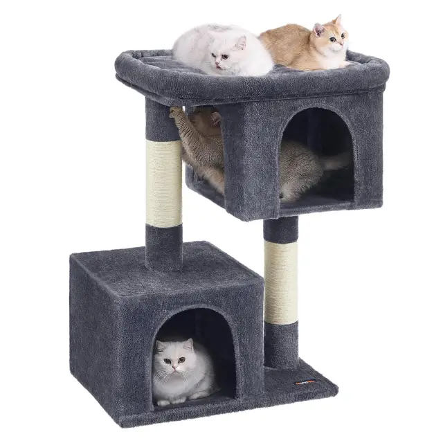 FEANDREA Cat Tree, 2 Cat Caves, 68×48×101cm, Smoky Grey