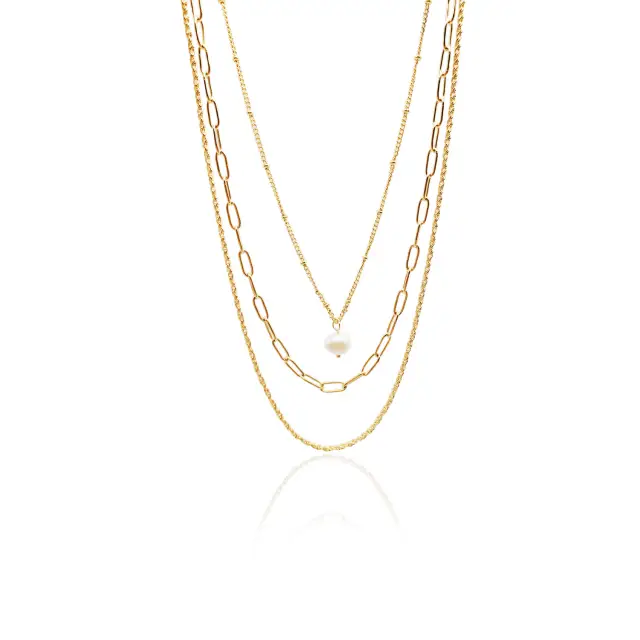 Triple Layer Chain and Pearl 18K Gold Plated 45/49/55cm Necklace