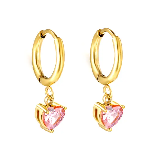 Pink Loveheart Diamonte Drop 18K Gold Plated Earrings