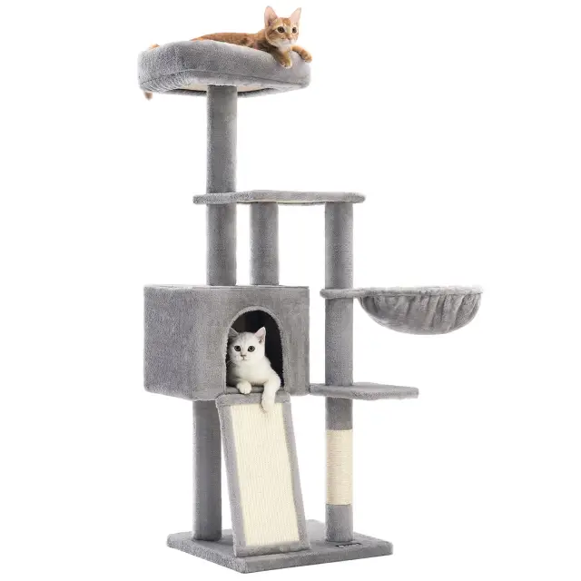 FEANDREA Cat Tree, Multi-Level Plush Cat Condo, 132x45x40cm, Light Grey