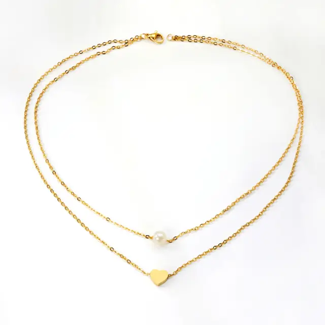 Double Chain Heart Shape and White Pearl 18K Gold Plated 40/43cm Necklace