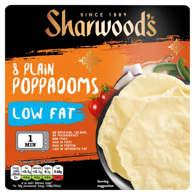Sharwood'S 8 Plain Poppadoms Low Fat 94G