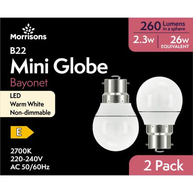 MORRISONS LED MINI GLOBE P45 26W 260 LUMENS 2.3W BC 2PK