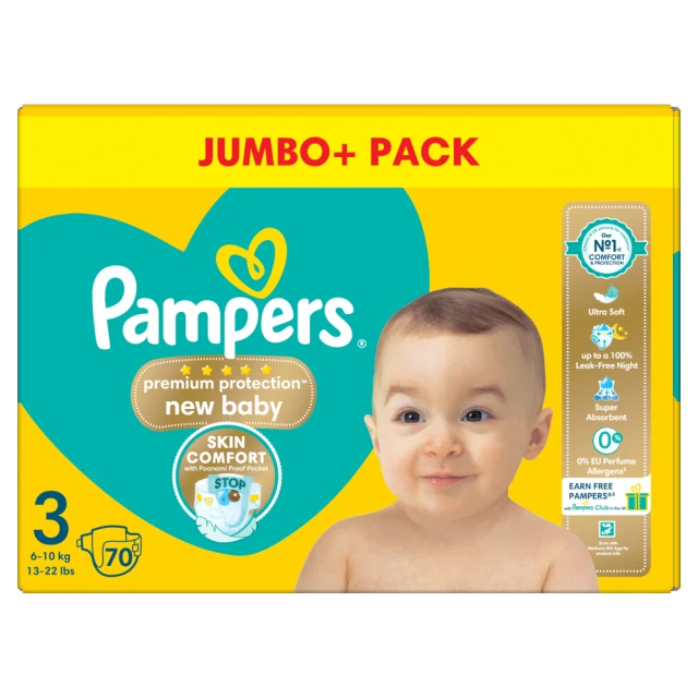 Pampers Premium Protection New Baby Size 3 Jumbo+ Pack 70 Nappies