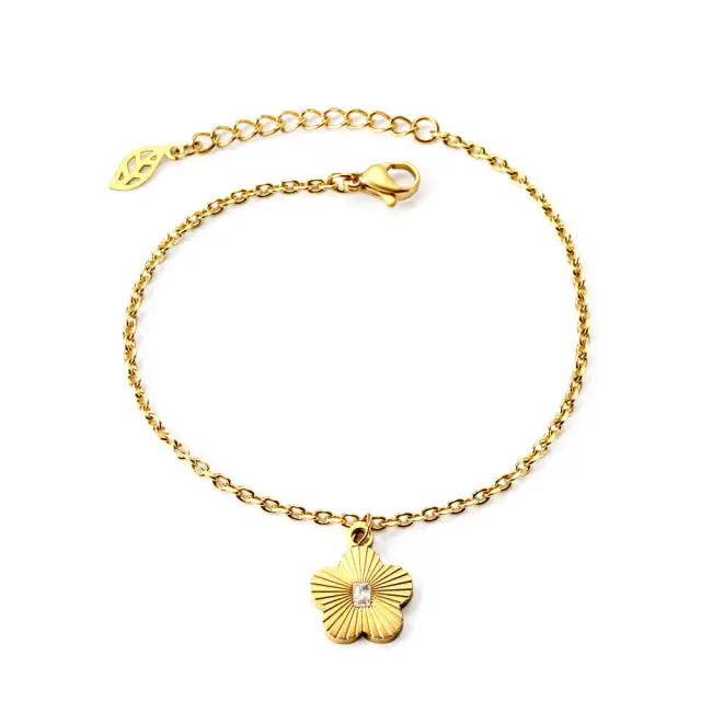 Peach Blossom Diamonte Flower 18K Gold Plated Bracelet - 18cm long x 12mm Flower
