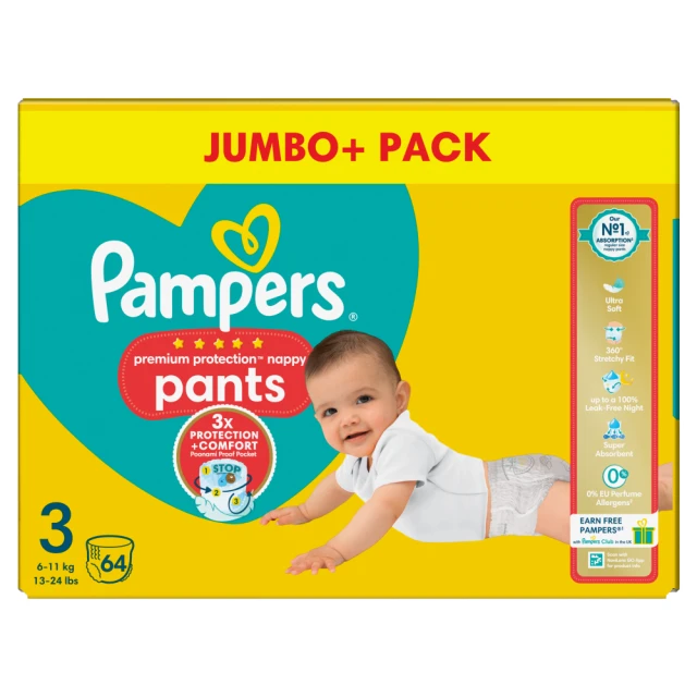 Pampers Premium Protection Nappy Pants Size 3 64 PACK