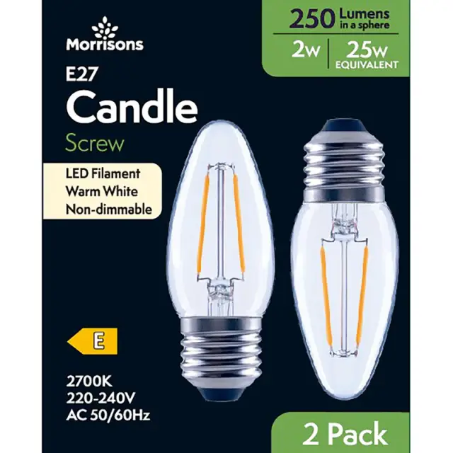 MORRISONS LED FILAMENT CANDLE 250 LUMENS ES 2W 2PK