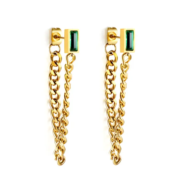 Rectangular 18K Gold Plated Green Gem with Droop Chain