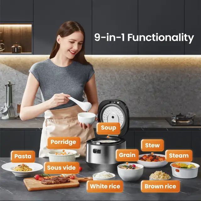 Midea rice cooker with 9 functions, 2L, 4 cups, for 1-3 persons, advanced heating technology, 30 min quick rice, non-stick coating, 24-hour keep warm & timer - STEAM COOKER INSERT, RICE COOKER SMALL