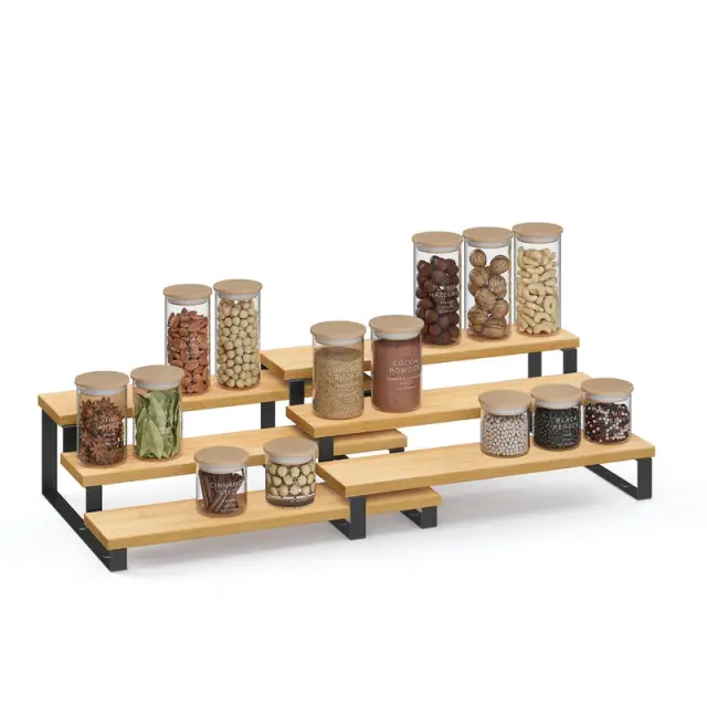 SONGMICS Spice Rack, Set of 2 Cabinet Shelf Organisers, 3-Tier, 32x24.5x11.2/32x24x9.5cm, Natural Beige and Ink Black