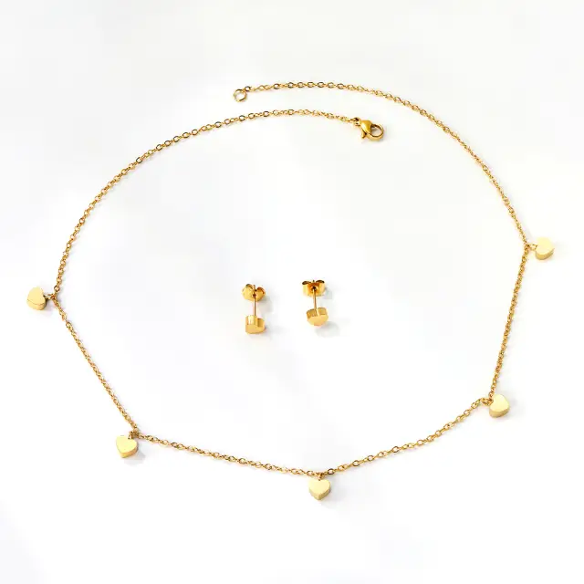 5 Heart Shape Charm Set 18K Gold Plated Necklace and Earrings