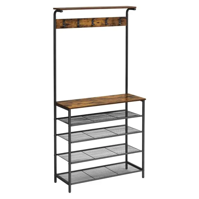 VASAGLE Clothes Horse, 80×32.2×182cm, Hallway Tree with Shoe Storage, 5 Tier Shoe Rack,  Industrial Style, Rustic Brown and Black