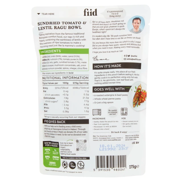 fiid - Rich Sundried Tomato & Lentil Ragu   - 8 x 275g